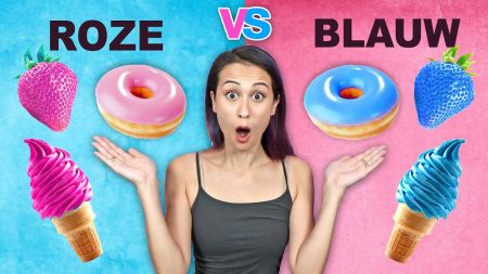 MeisjeDjamila – Roze Eten vs Blauw Eten Challenge Voor 24 Uur! – Fan Friday